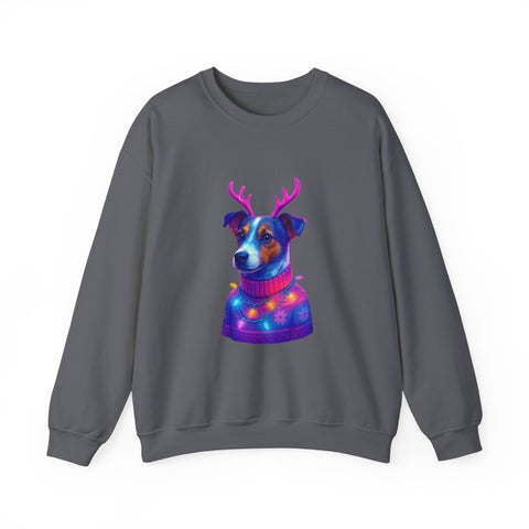 Neon Jack Russell in Reindeer Antlers Sweatshirt | Holiday Pet Portrait