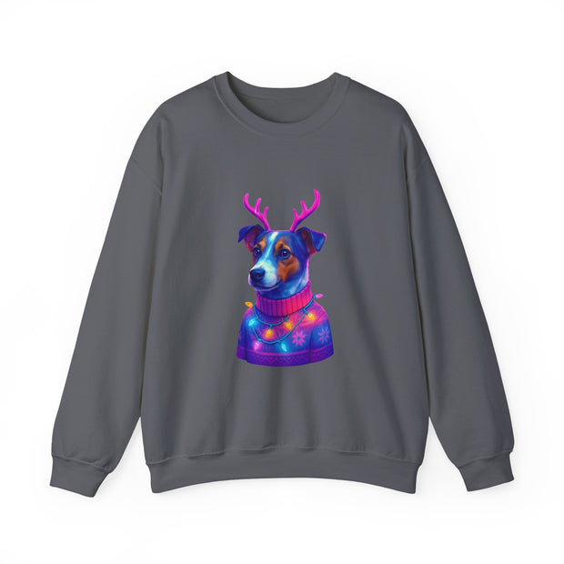 Neon Jack Russell in Reindeer Antlers Sweatshirt | Holiday Pet Portrait
