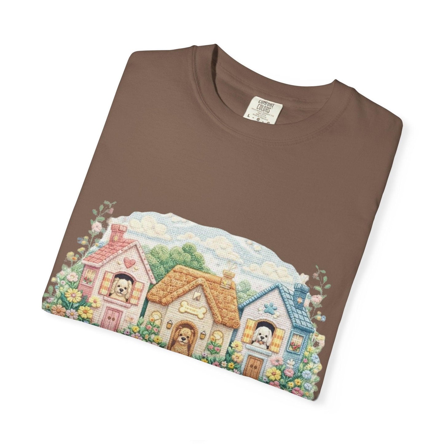 Cute Cottage Row illustration T-shirt | pastel village floral path