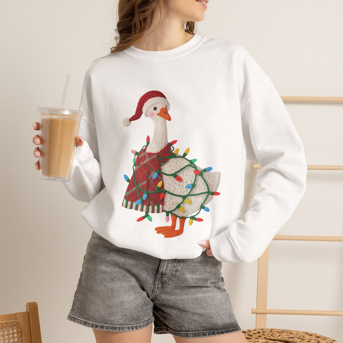 Christmas Goose Wearing Santa Hat Crewneck Sweatshirt | Holiday Duck in Lights