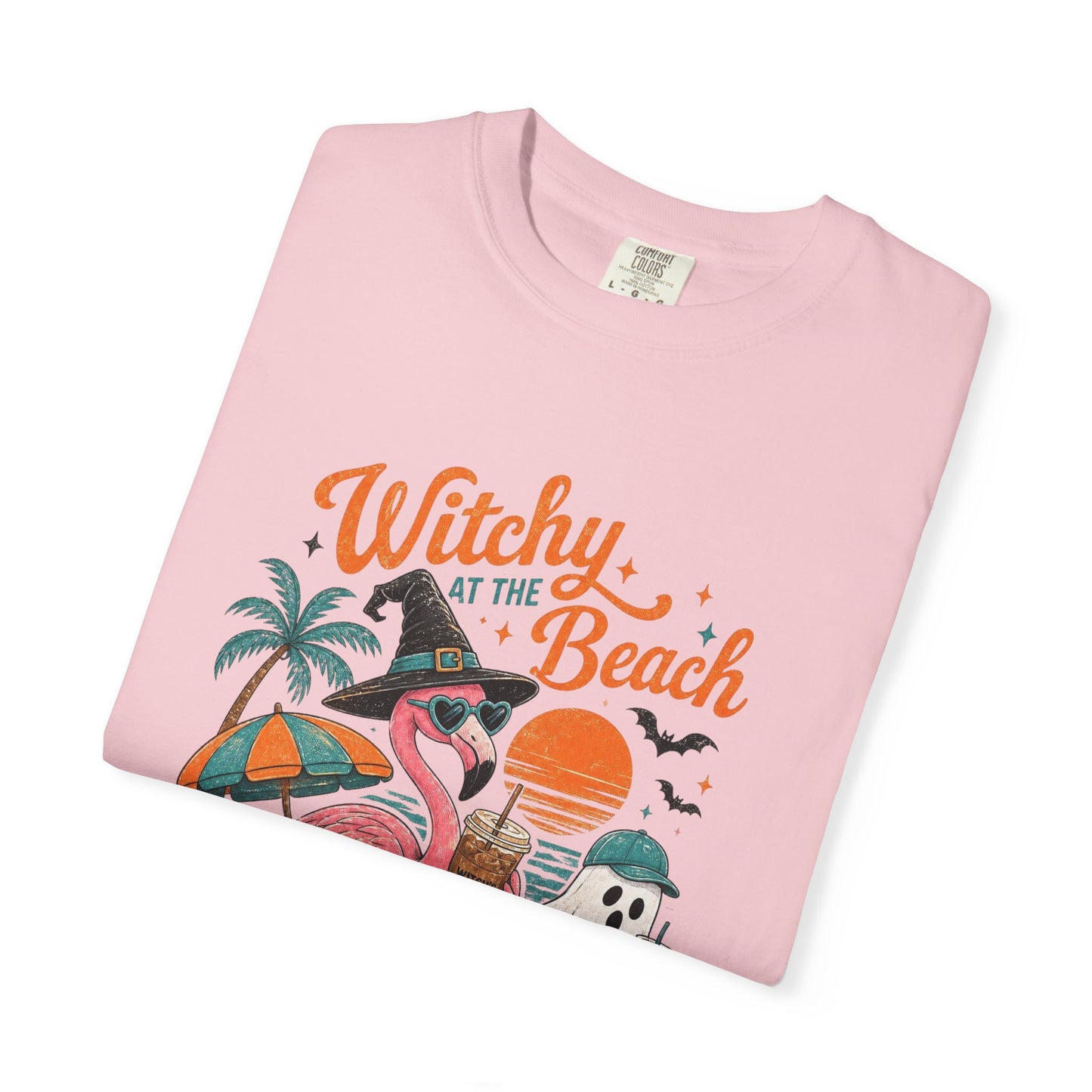 Witchy at the Beach T-shirt | Spooky Vibes Halloween Flamingo Design