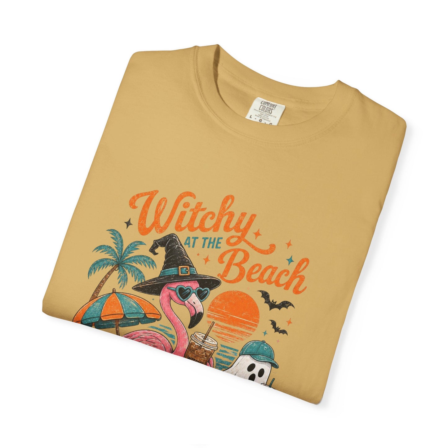 Witchy at the Beach T-shirt | Spooky Vibes Halloween Flamingo Design