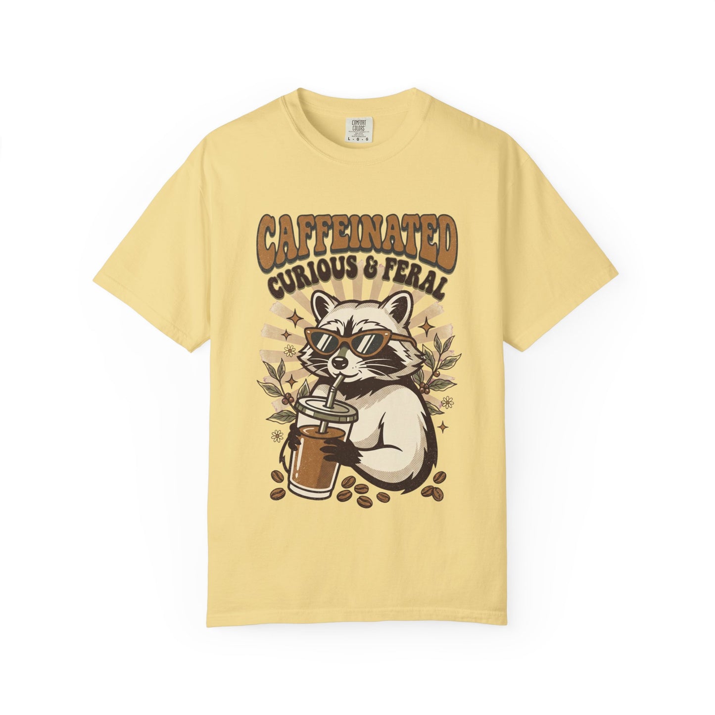 Caffeinated Curious & Feral Raccoon T-Shirt, Funny Coffee Lover Raccoon Tee, Goblincore Animal Shirt, Nature Lover Gift