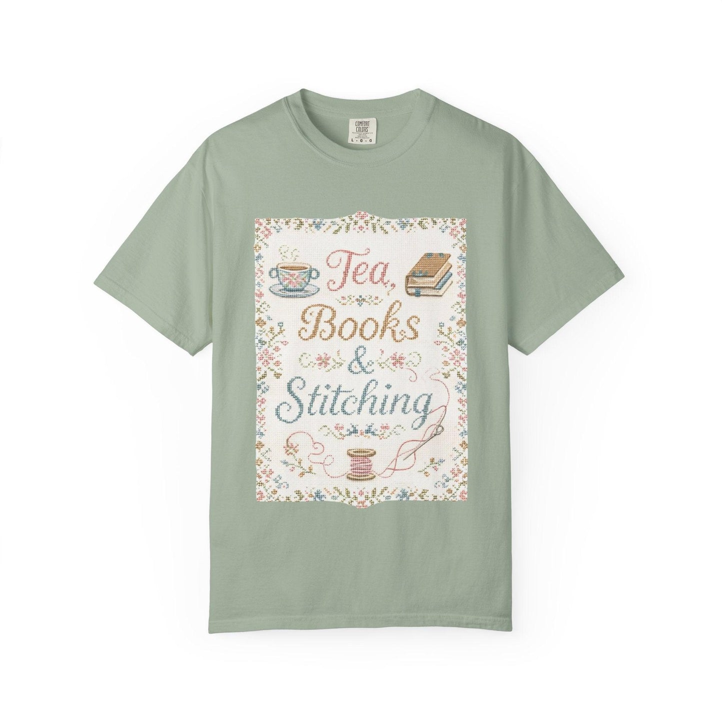 Tea Books & Stitching T-shirt | Reading, Sewing, Cozy Hobby Design