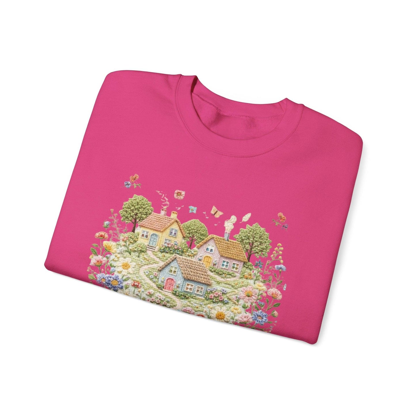 Cottage Garden Illustration Sweatshirt | Floral Village Scene, Cozy Spring