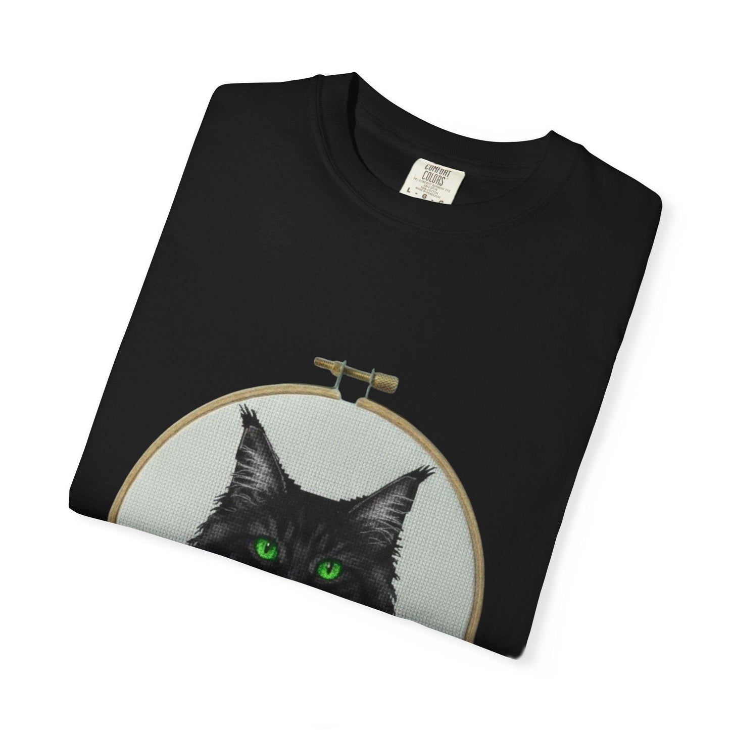 Black Cat Portrait T-Shirt | Embroidery Hoop Art, Green Eyes