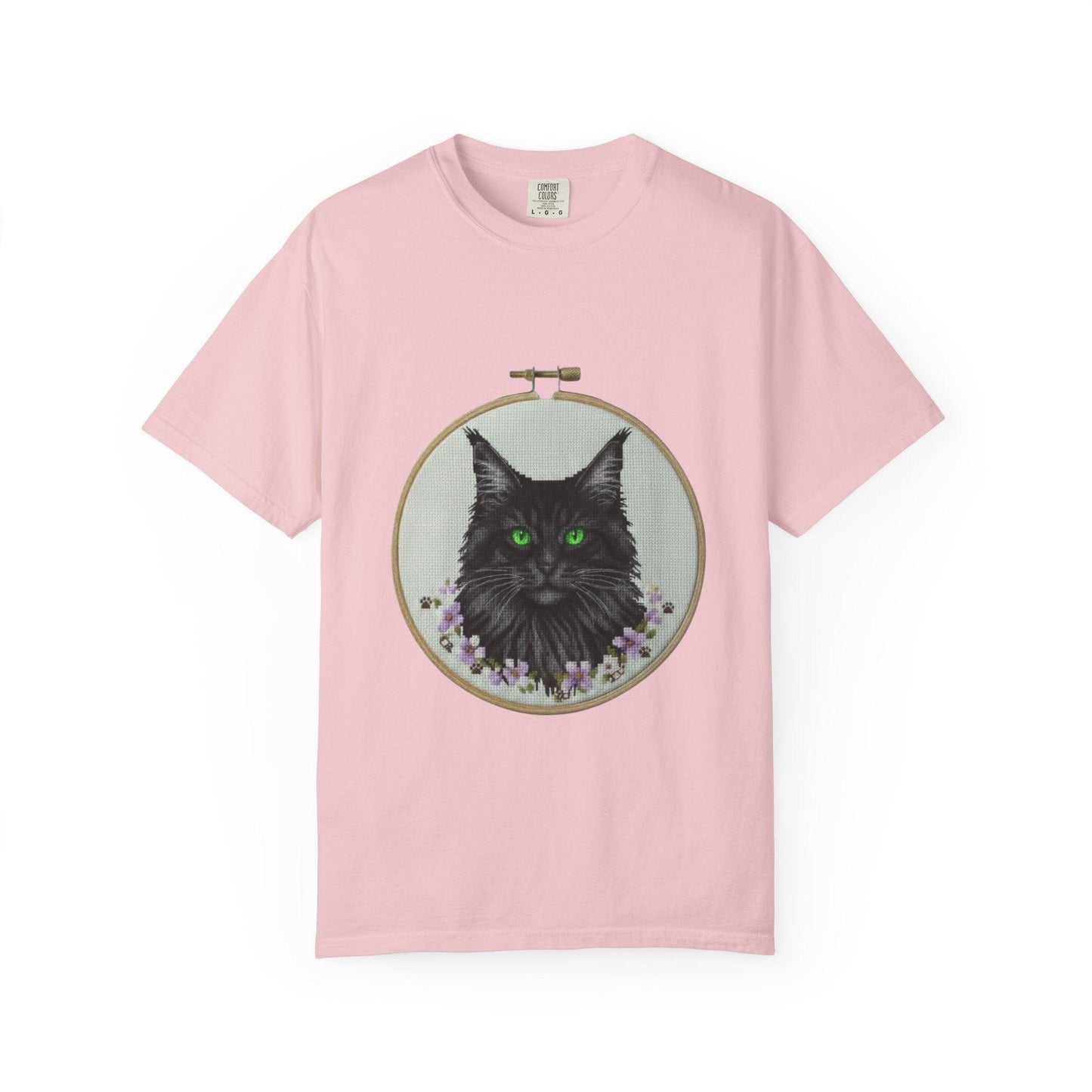 Black Cat Portrait T-Shirt | Embroidery Hoop Art, Green Eyes