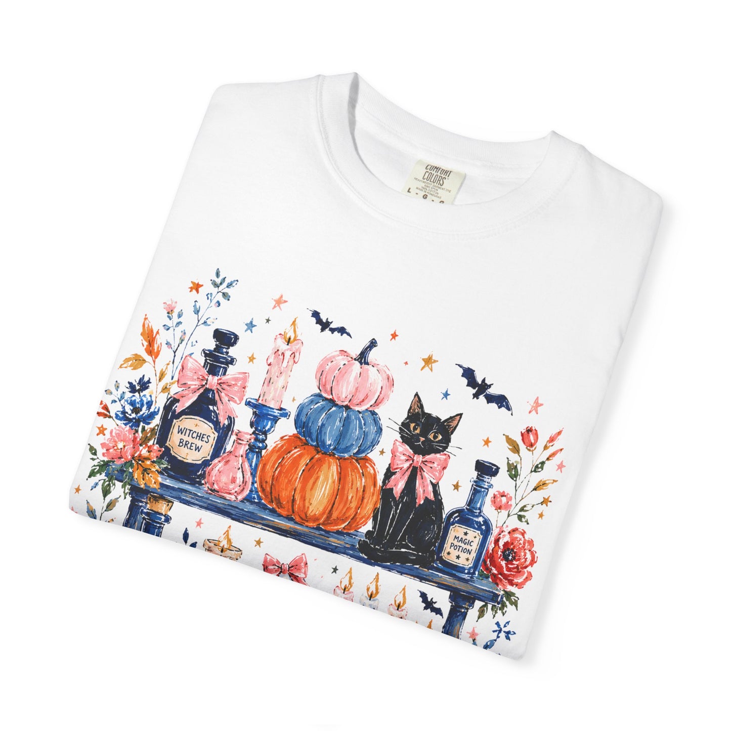 Autumn Apothecary Illustration T-shirt | Pumpkins, Black Cat, Potion Bottles