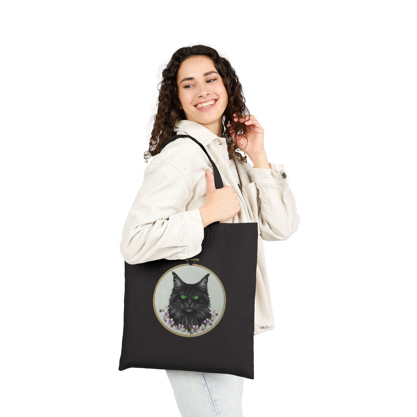 Black Cat Portrait Tote Bag | Embroidery Hoop Illustration, Green Eyes