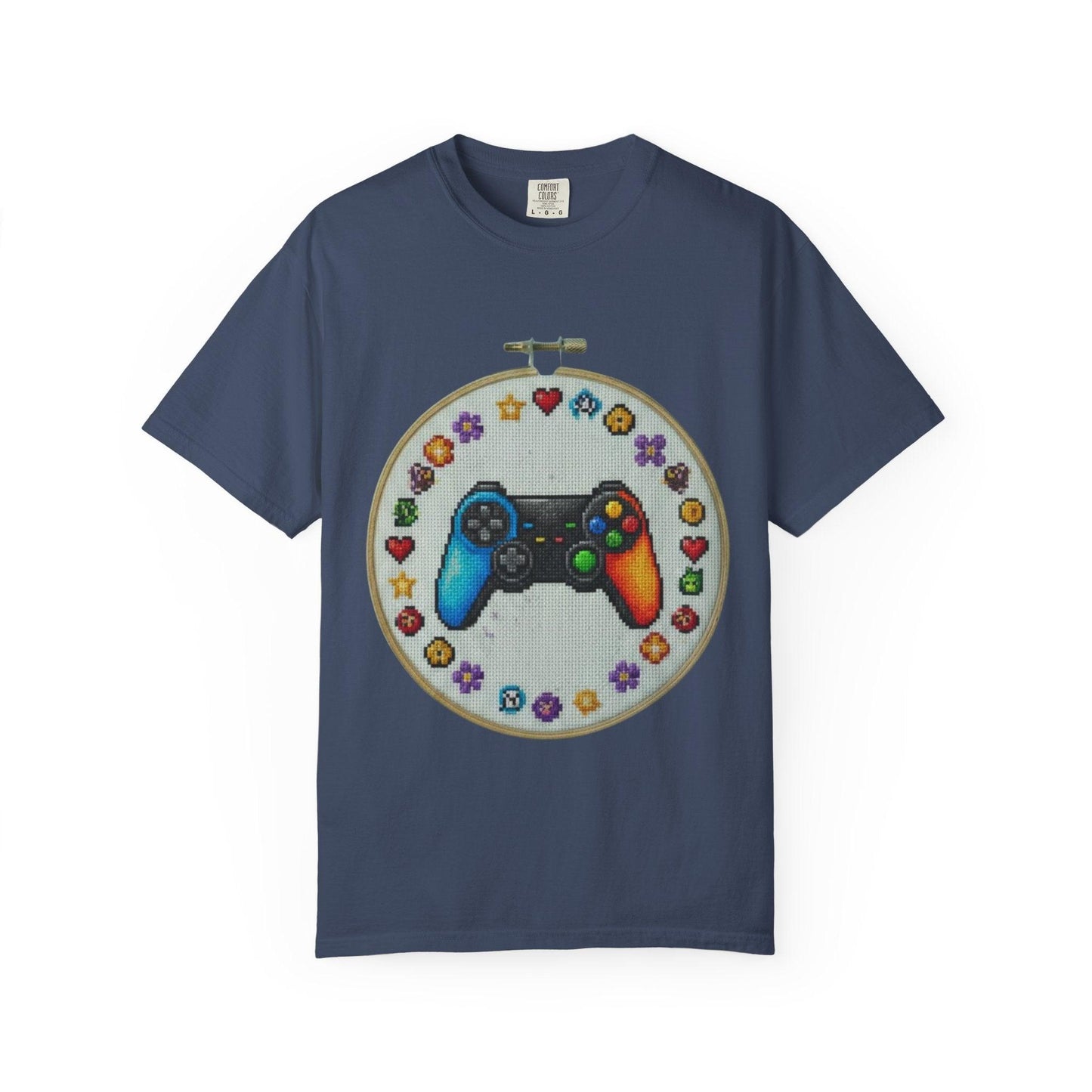 Rainbow Game Controller embroidery hoop T-Shirt | Gamer cross stitch design