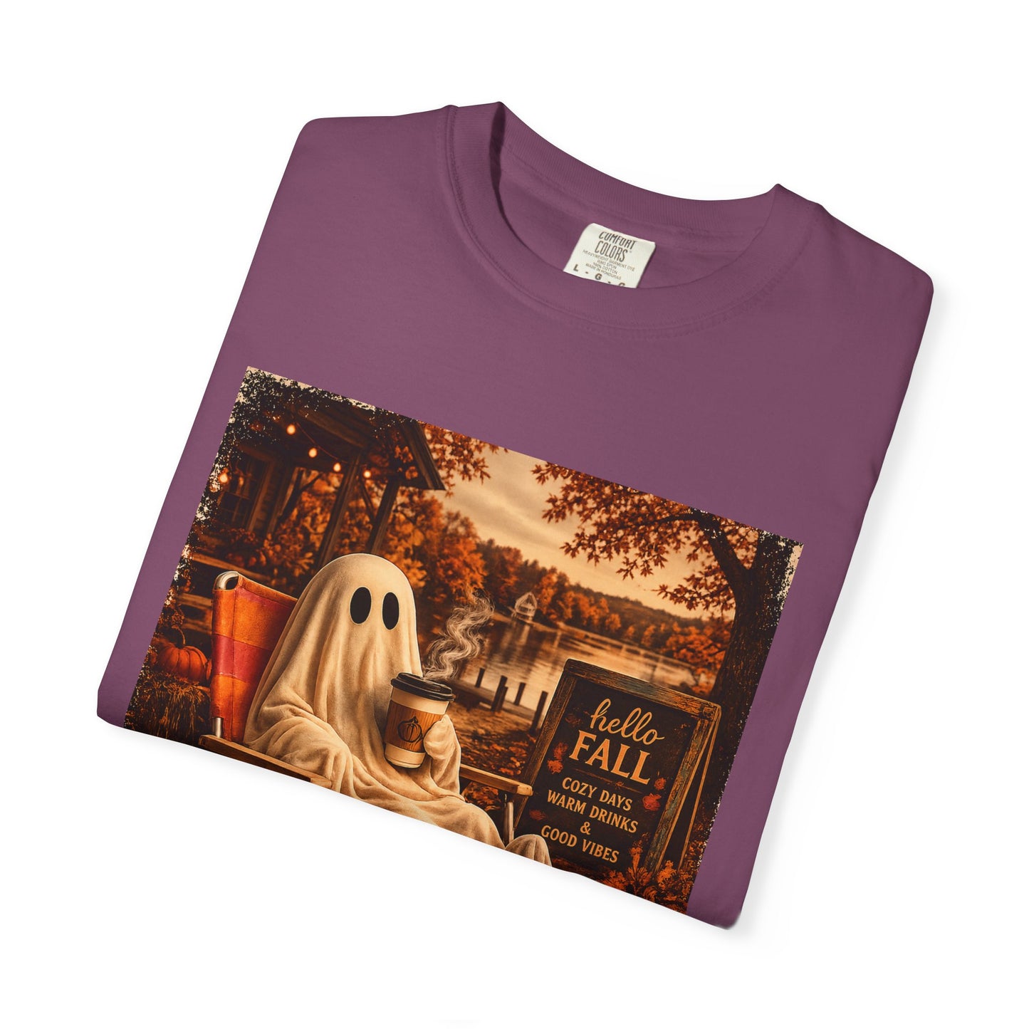 Cozy Ghost in Chair Fall T-shirt | Autumn Leaves, Retro Halloween Scene, Summerween