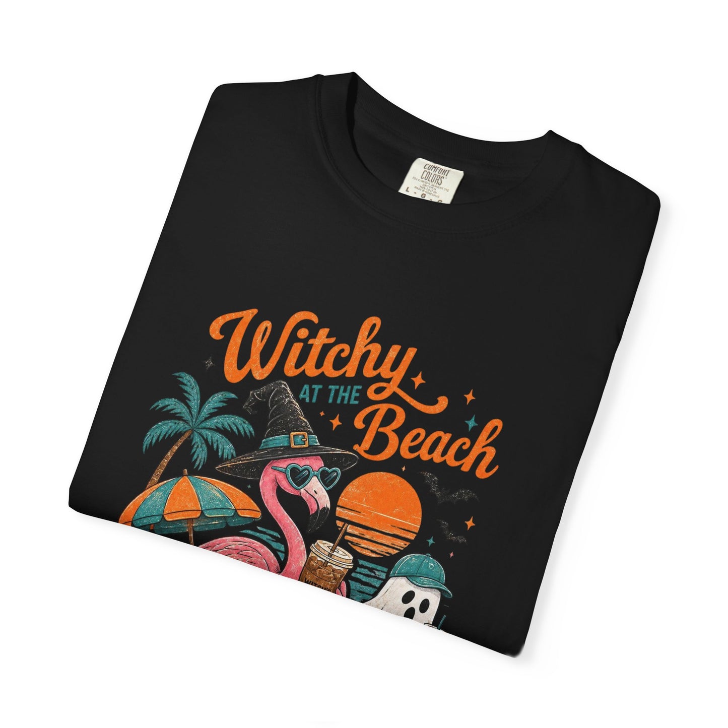 Witchy at the Beach T-shirt | Spooky Vibes Halloween Flamingo Design