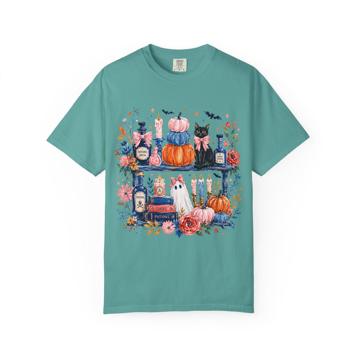Autumn Apothecary Illustration T-shirt | Pumpkins, Black Cat, Potion Bottles