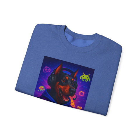 Gaming Doberman Graphic Crewneck Sweatshirt | Retro Arcade Dog Gamer
