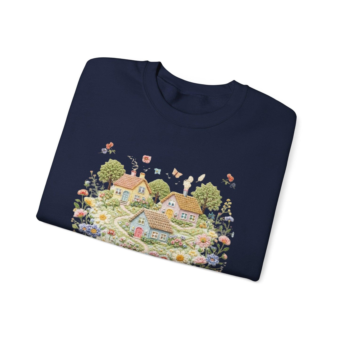 Cottage Garden Illustration Sweatshirt | Floral Village Scene, Cozy Spring