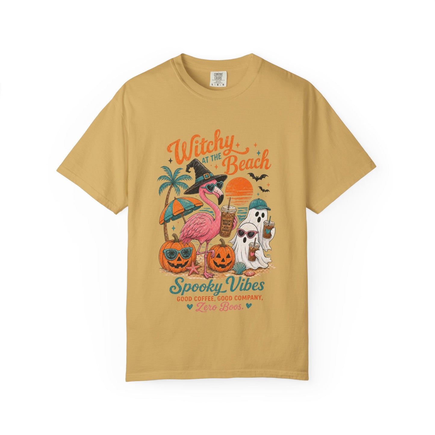Witchy at the Beach T-shirt | Spooky Vibes Halloween Flamingo Design