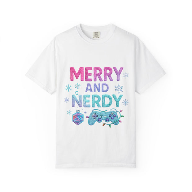 Merry and Nerdy T-Shirt, Unisex Gamer Tee, Holiday Gaming Shirt, Fun Christmas Apparel, Gift for Nerds, Cozy Casual Style