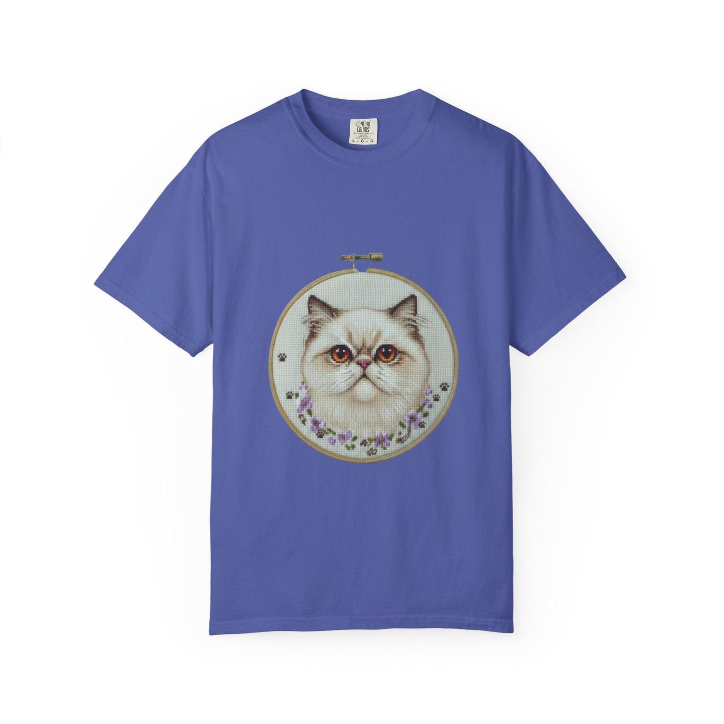 Persian Cat Portrait T-shirt | Embroidery Hoop Floral Illustration