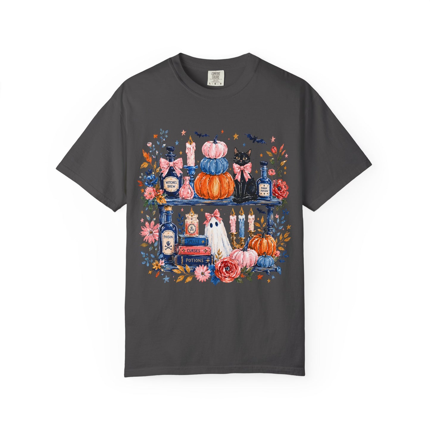 Autumn Apothecary Illustration T-shirt | Pumpkins, Black Cat, Potion Bottles
