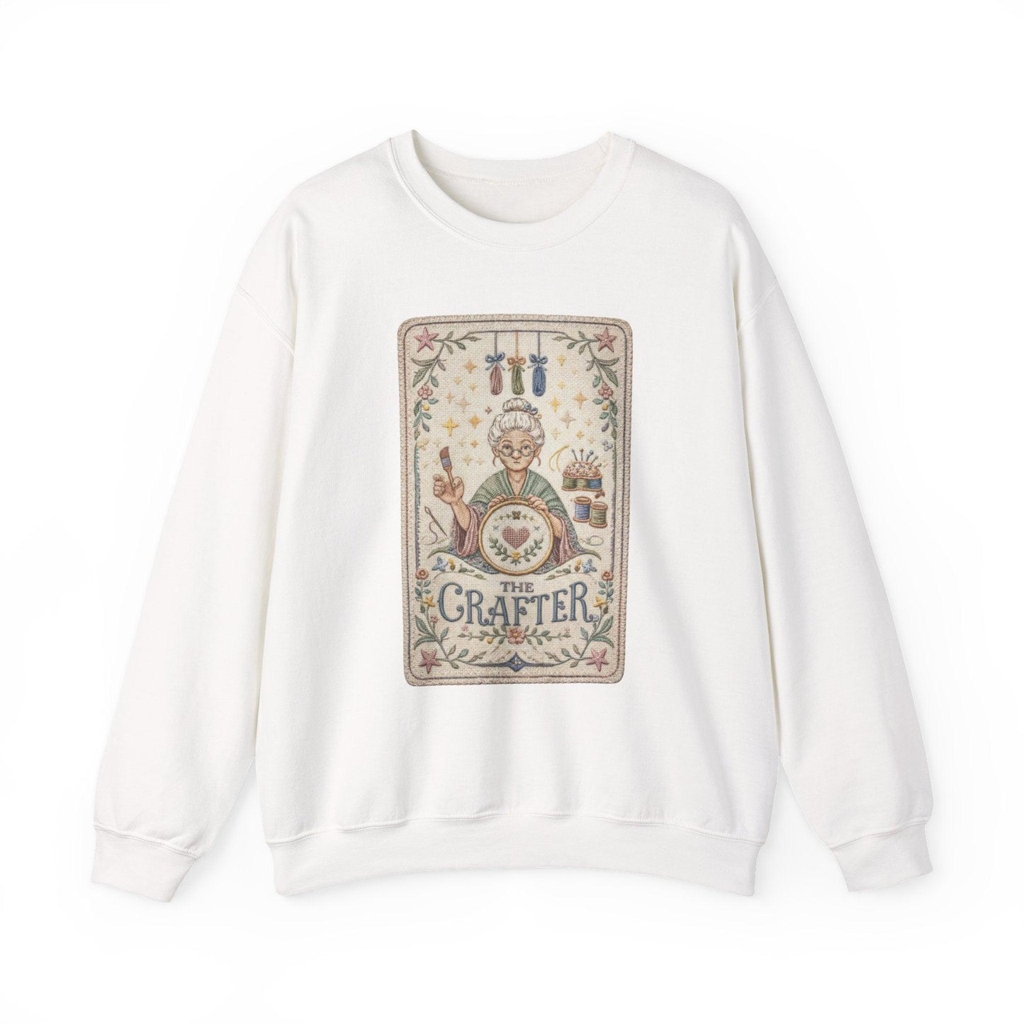 The Crafter illustration Crewneck Sweatshirt | Vintage craft tools, floral frame