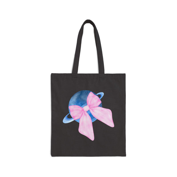 Blue Saturn Wrapped In Pink Bow Cotton Canvas Tote Bag