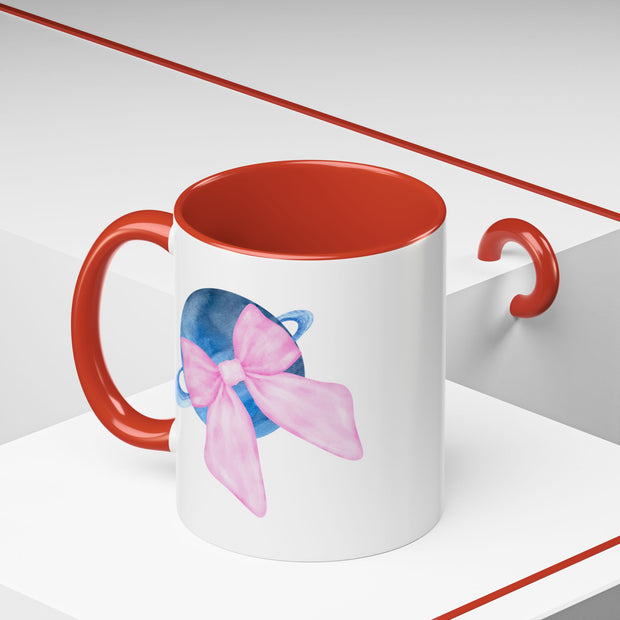 Blue Saturn Wrapped In A Pink Bow Accent Coffee Mug