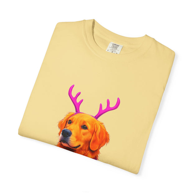 Golden Retriever with Antlers sweater T-Shirt | Neon Holiday Dog Design