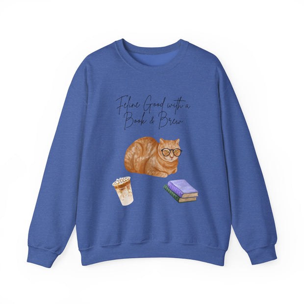 'Feline Good With A Book & Brew' Unisex Crewneck Sweatshirt