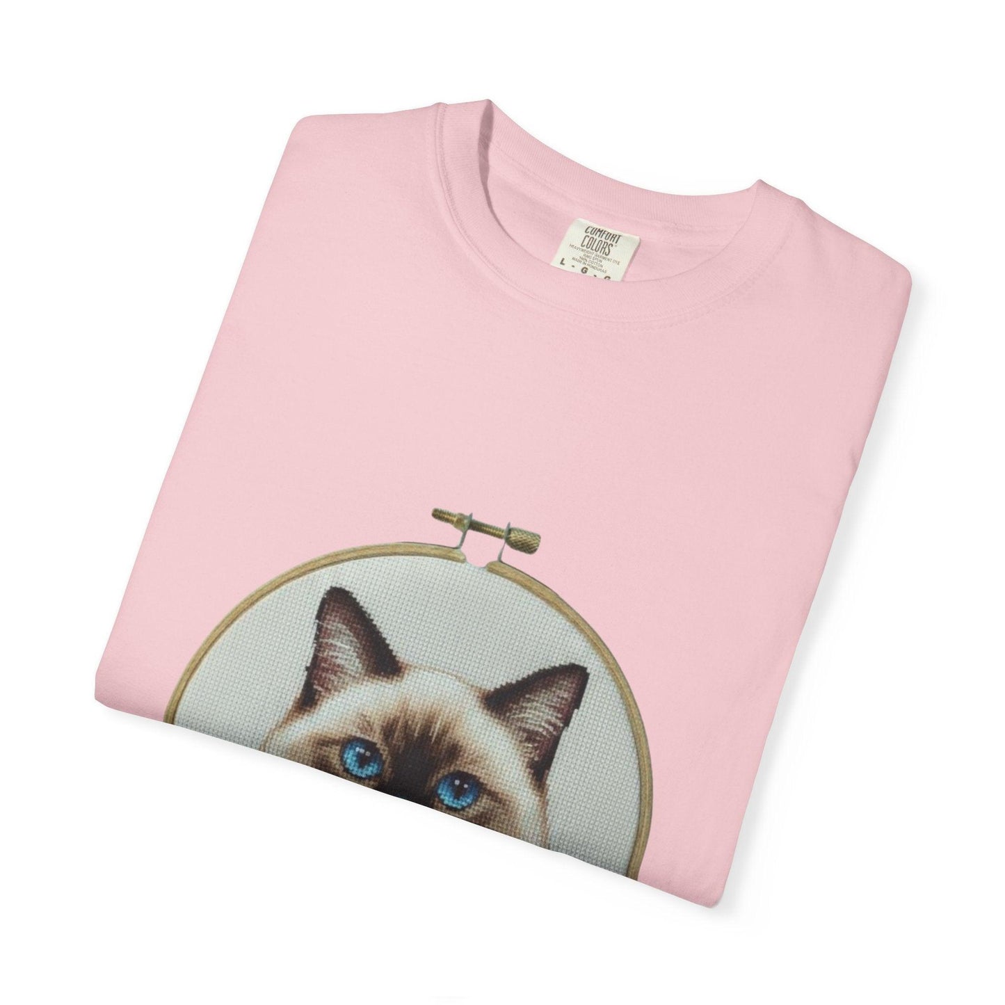 Blue-Eyed Siamese Cat Portrait T-Shirt | Embroidery Hoop Floral Design