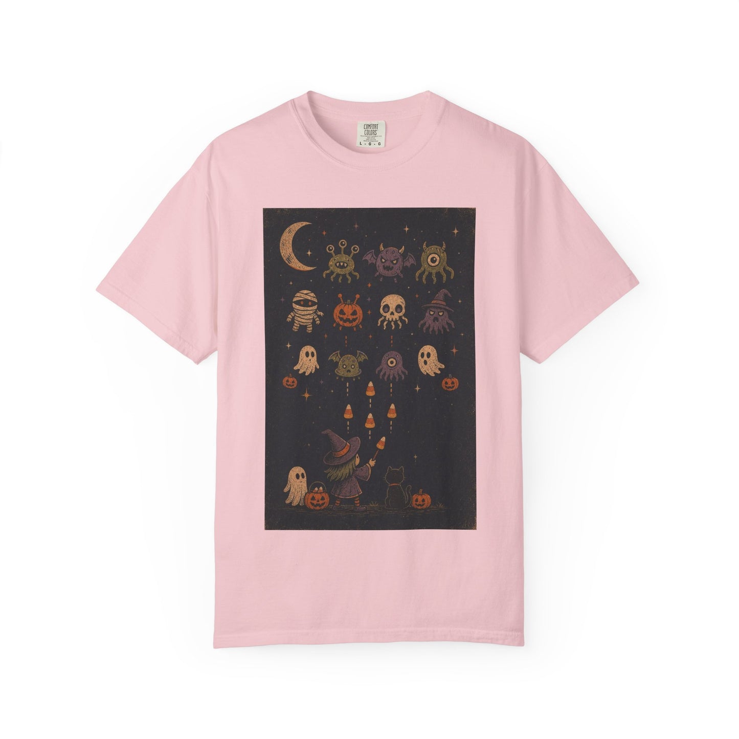 Cute Halloween Witch and Ghosts T-Shirt | Pumpkin Moon Spooky Illustration