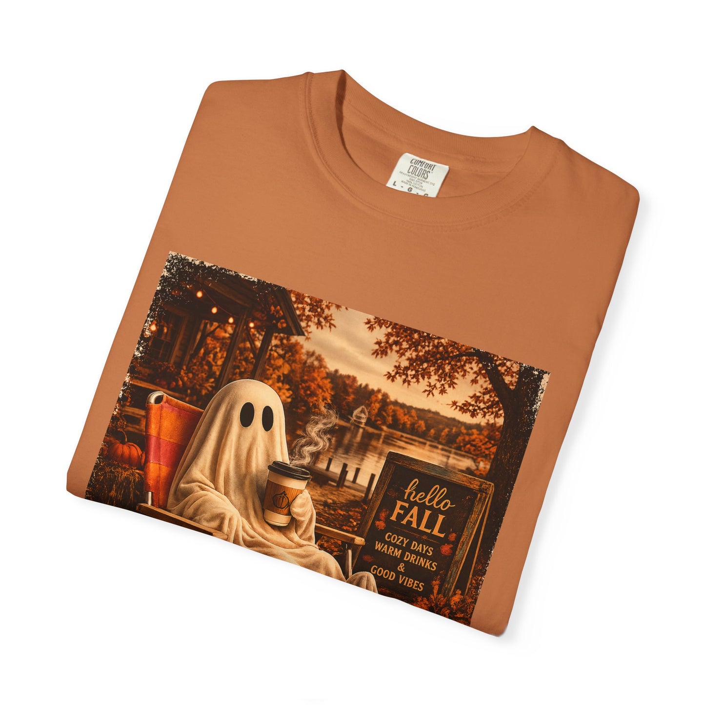 Cozy Ghost in Chair Fall T-shirt | Autumn Leaves, Retro Halloween Scene, Summerween
