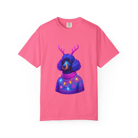 Poodle with Antlers in Light-Up Sweater T-Shirt | Neon Holiday Dog Design