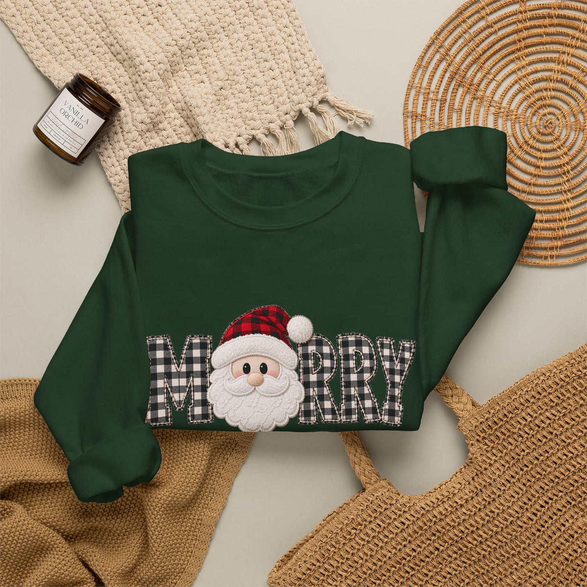 Merry Christmas Sweatshirt, Santa Christmas Crewneck, Plaid Holiday Sweater, Cute Santa Shirt, Cozy Christmas Gift for Her
