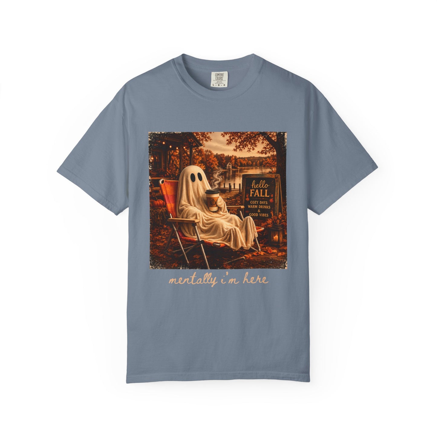 Cozy Ghost in Chair Fall T-shirt | Autumn Leaves, Retro Halloween Scene, Summerween