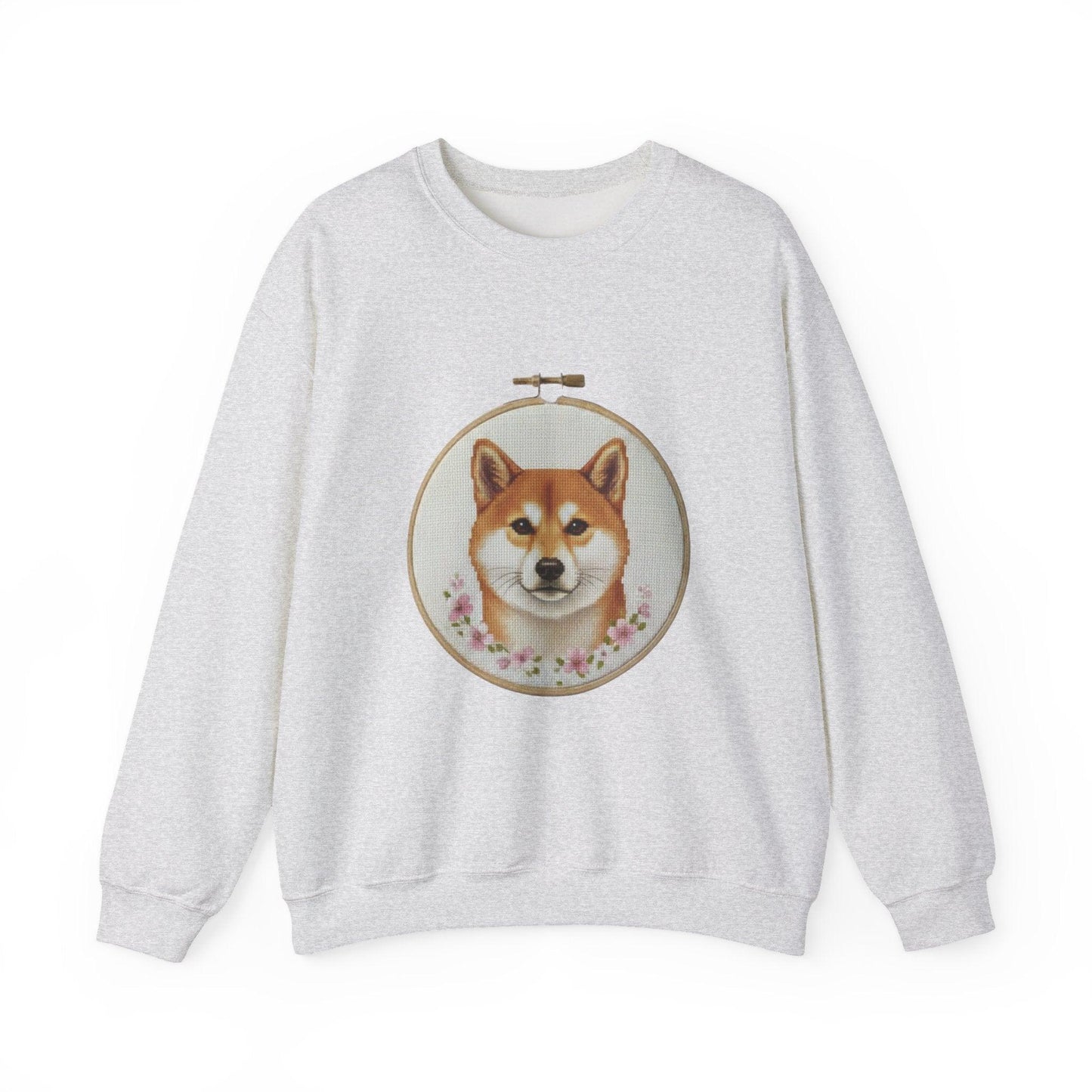 Shiba Inu Portrait Crewneck Sweatshirt | Embroidery Hoop Floral Frame