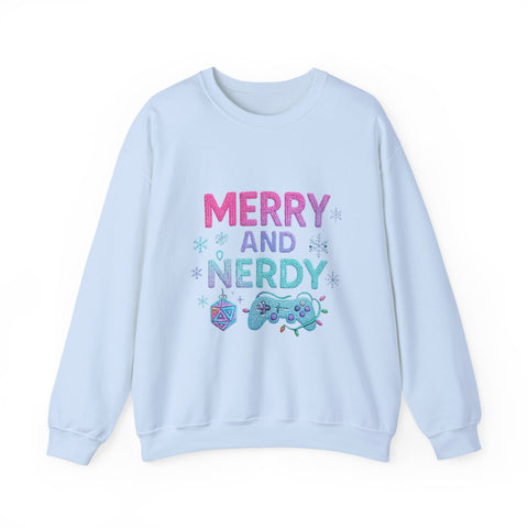 Festive Gamer Crewneck Sweatshirt - Merry and Nerdy, Unisex Sweatshirt, Holiday Apparel, Gaming Sweatshirt, Cozy Gift for Gamers