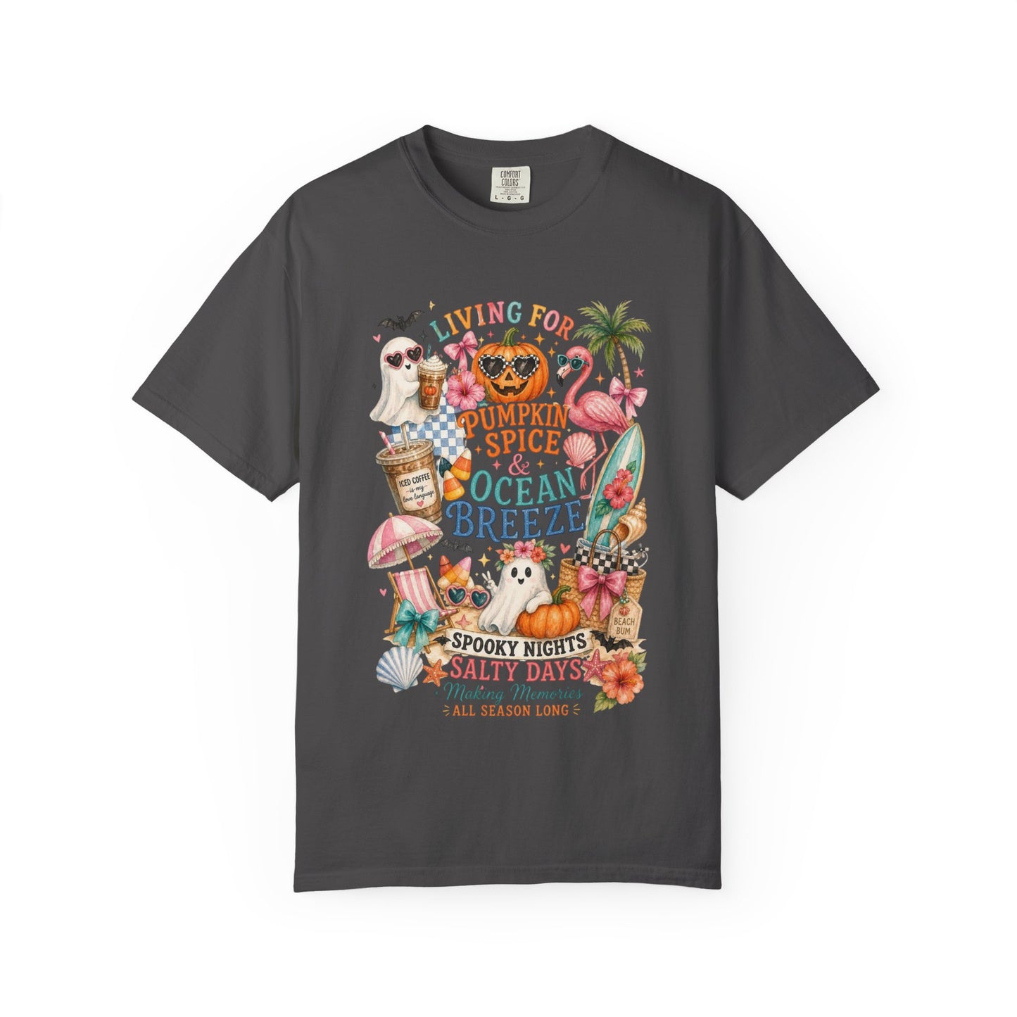 Pumpkin Spice & Ocean Breeze T-Shirt, Summerween Flamingo Shirt, Halloween Beach Tee, Tropical Spooky Season Graphic, Fall Vacation Shirt