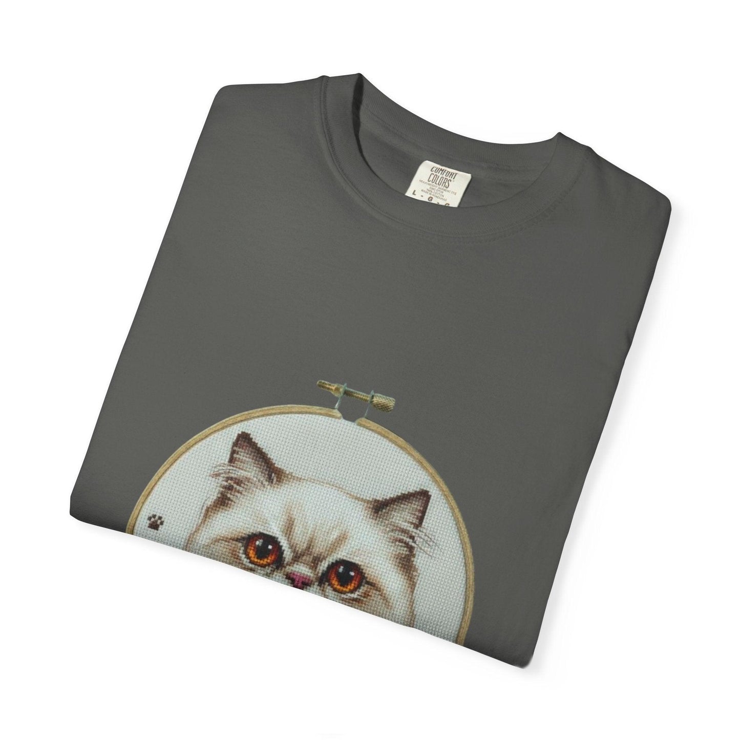 Persian Cat Portrait T-shirt | Embroidery Hoop Floral Illustration