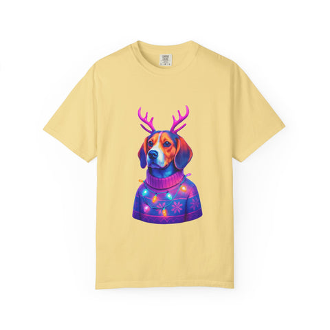 Neon Beagle in Reindeer Antlers T-Shirt | Christmas Dog Sweater Design