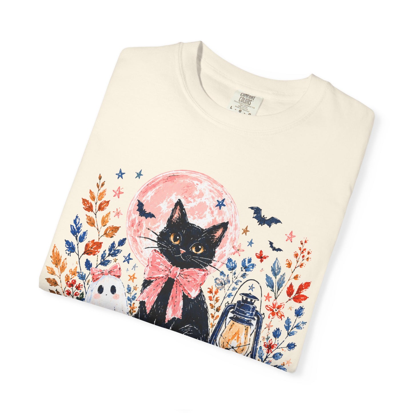 Black Cat with Pumpkins T-shirt | Halloween Moon Lantern Floral Design