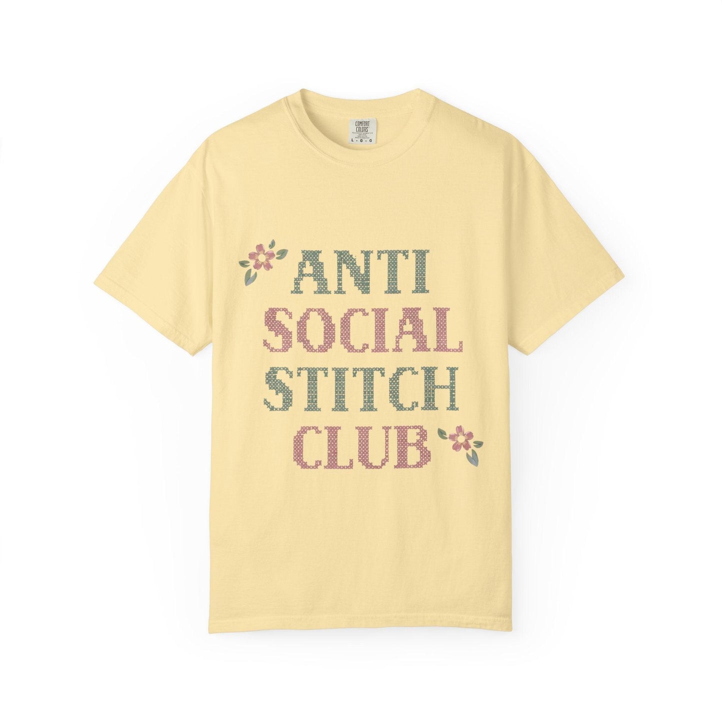 Anti Social Stitch Club T-shirt | Cross Stitch Floral Text Design