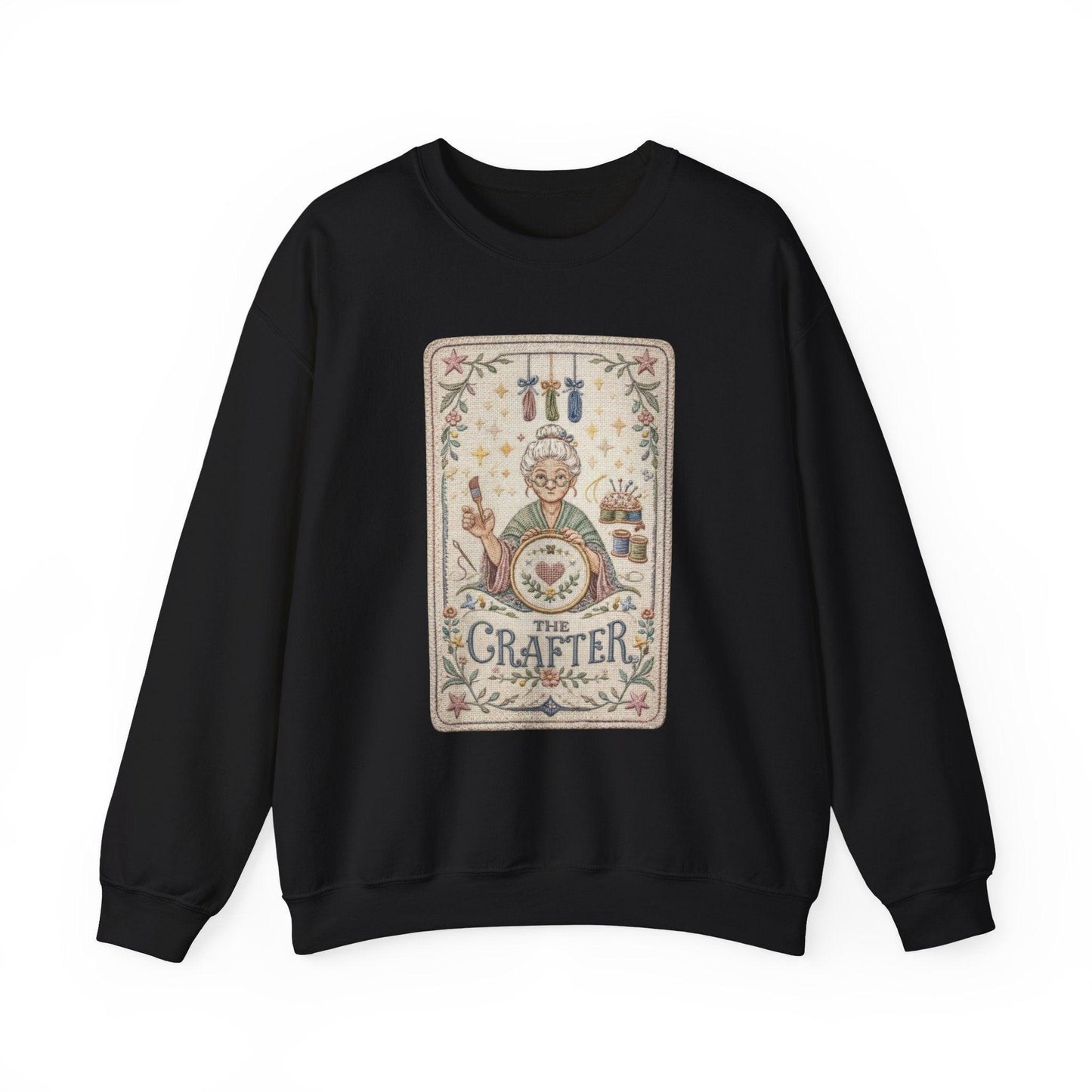 The Crafter illustration Crewneck Sweatshirt | Vintage craft tools, floral frame