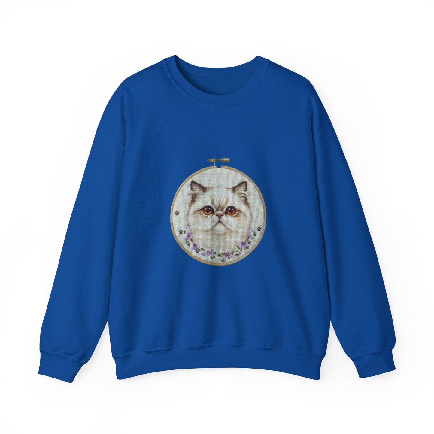Grumpy Persian Cat Portrait Crewneck sweatshirt | Floral Embroidery Hoop Art