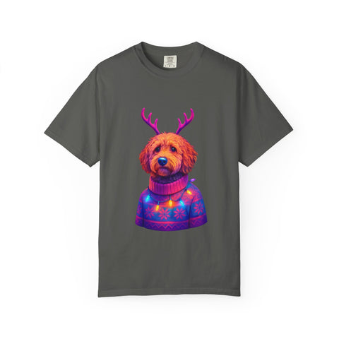 Golden Doodle in Reindeer Antler Sweater T-Shirt | Holiday Dog Portrait