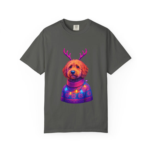 Golden Doodle in Reindeer Antler Sweater T-Shirt | Holiday Dog Portrait