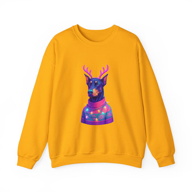Vibrant Doberman Antlers Sweatshirt, Quirky Animal Crewneck, Cozy Holiday Gift, Fun Winter Apparel, Casual Style Top