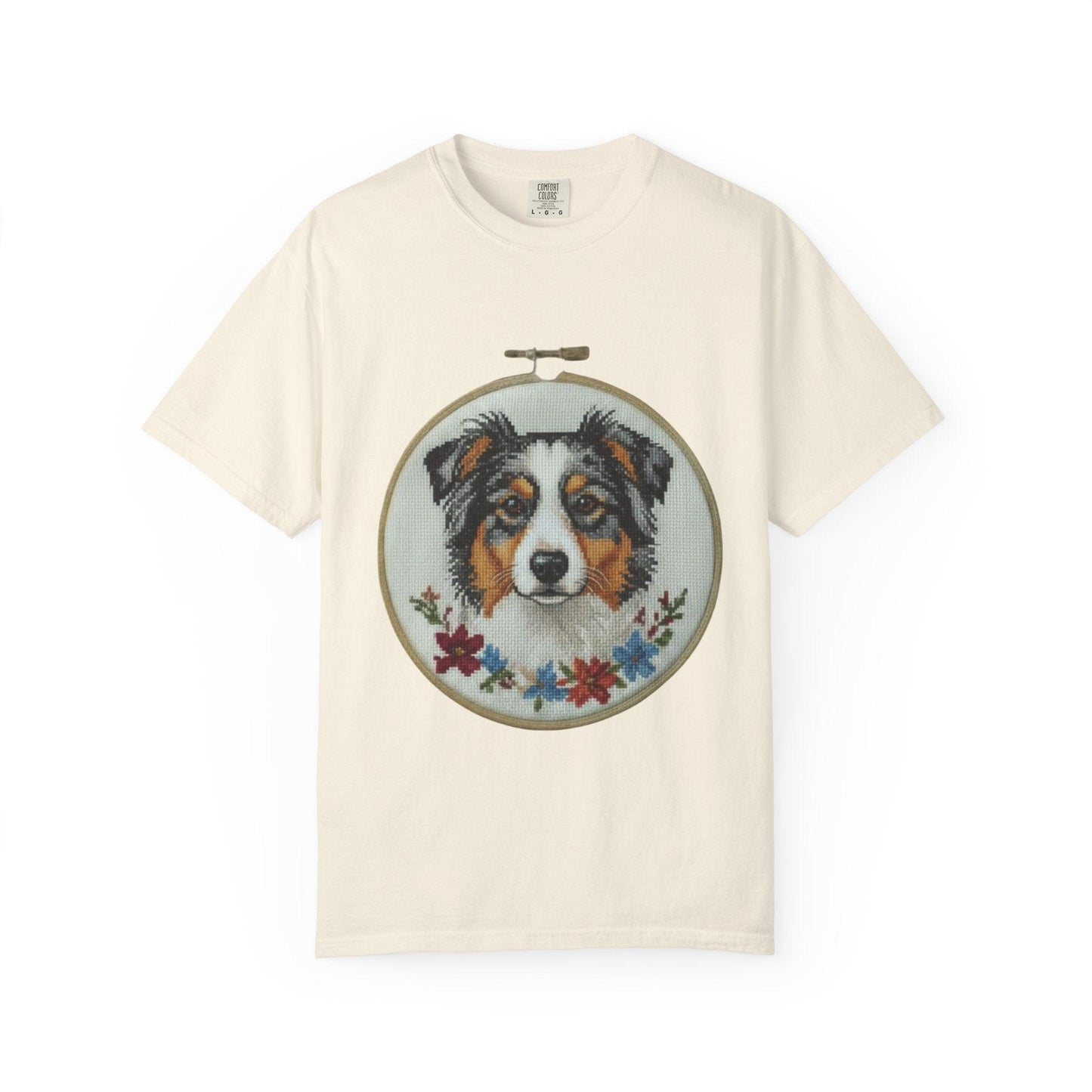 Australian Shepherd Portrait T-shirt | Embroidery Hoop Floral Design