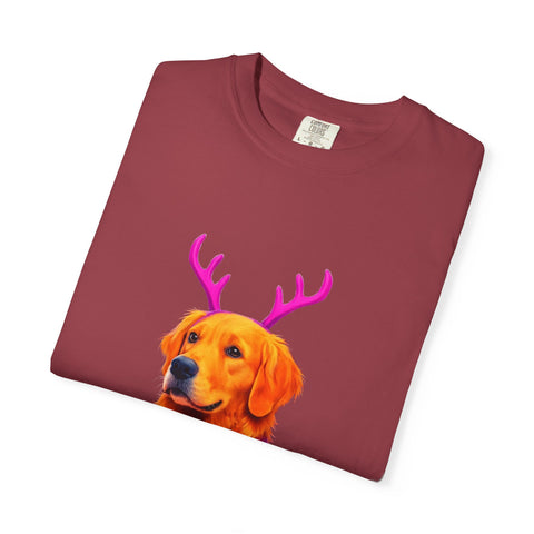 Golden Retriever with Antlers sweater T-Shirt | Neon Holiday Dog Design