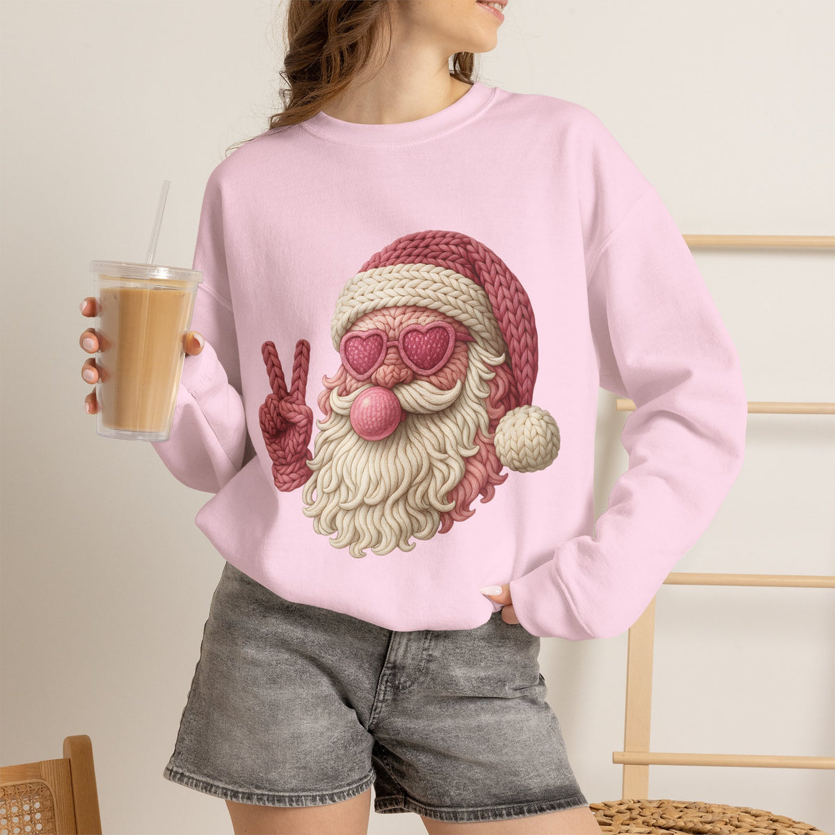 Pink Sunglasses Peace Sign Santa Sweatshirt | Retro Holiday Cozy