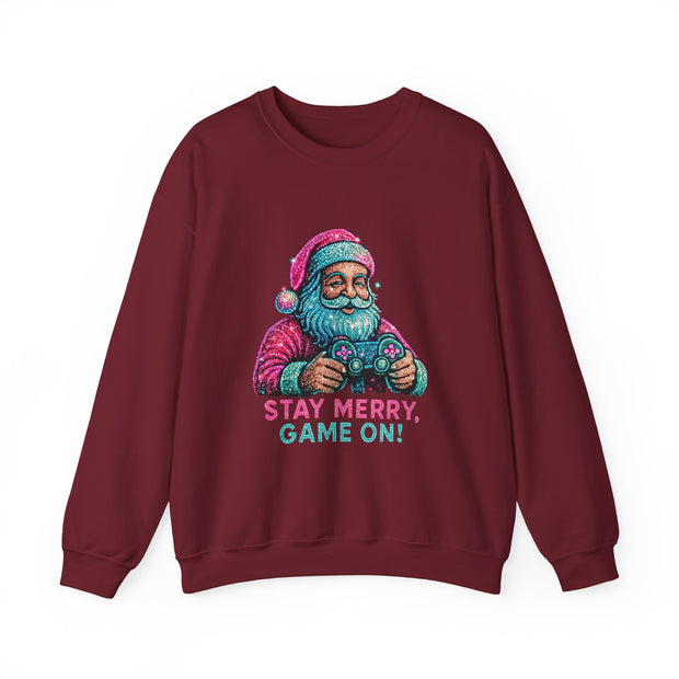 Santa with Game Controller Crewneck, Stay Merry Game On Holiday Sweatshirt